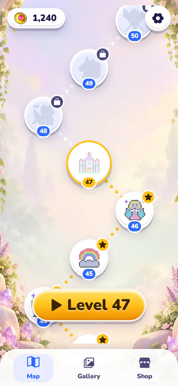 The level map: finished pictures along a winding path, the next level highlighted, a big Level 47 button